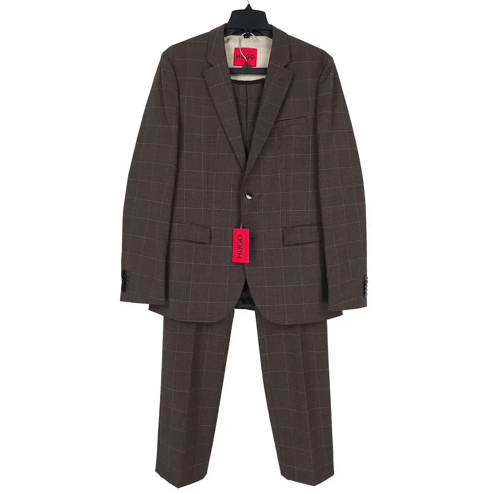 Hugo Boss Mens Modern Fit 2 Piece Suit 40L 34x32 Brown Windowpane Stretch Wool